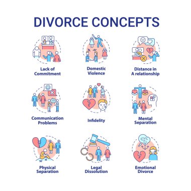 Divorce concept icons set. Reasons of marriage breakdown. Partners separation idea thin line color illustrations. Isolated outline drawings. Roboto-Medium, Myriad Pro-Bold fonts used