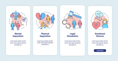 Divorce surviving onboarding mobile app screen. Breakup walkthrough 4 steps graphic instructions pages with linear concepts. UI, UX, GUI template. Myriad Pro-Bold, Regular fonts used
