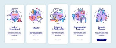 Reasons for divorce onboarding mobile app screen. Separation process walkthrough 5 steps graphic instructions pages with linear concepts. UI, UX, GUI template. Myriad Pro-Bold, Regular fonts used