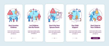 Divorce dos and donts onboarding mobile app screen. Separation tips walkthrough 5 steps graphic instructions pages with linear concepts. UI, UX, GUI template. Myriad Pro-Bold, Regular fonts used