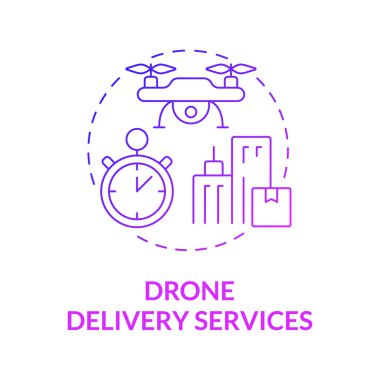 Drone delivery services purple gradient concept icon. Shipping technology and devices abstract idea thin line illustration. Isolated outline drawing. Roboto-Medium, Myriad Pro-Bold fonts used