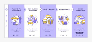 Taxi business types onboarding template. Transportation service. Responsive mobile website with linear concept icons. Web page walkthrough 4 step screens. Lato-Bold, Regular fonts used