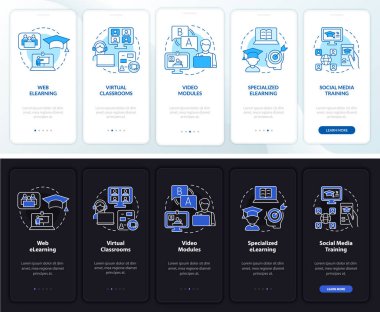Mobil uygulama ekranında gece gündüz öğrenme kipi. Çizgisel kavramlarla dolu 5 aşamalı grafik talimatları. UI, UX, GUI şablonu. Kullanılan sayısız Pro-Kalın, Düzenli yazı tipleri