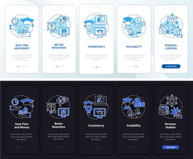 Mobil uygulama ekranında gece ve gündüz kazanmanın avantajları. Çizgisel kavramlarla dolu 5 aşamalı grafik talimatları. UI, UX, GUI şablonu. Kullanılan sayısız Pro-Kalın, Düzenli yazı tipleri