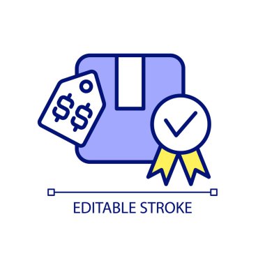 Good quality product for high price RGB color icon. Expensive product with price tag. Quality control. Isolated vector illustration. Simple filled line drawing. Editable stroke. Arial font used