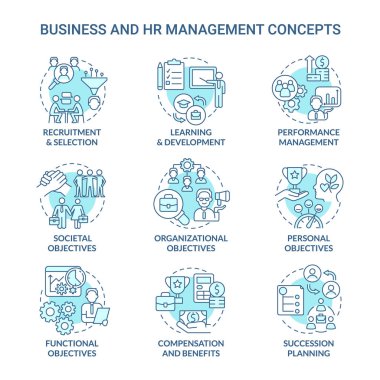 HR and business management turquoise concept icons set. Human resource duties idea thin line color illustrations. Isolated outline drawings. Editable stroke. Roboto-Medium, Myriad Pro-Bold fonts used