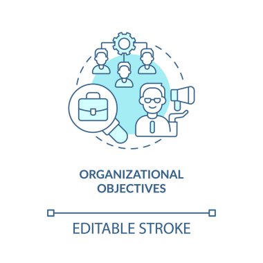 Organizational objectives turquoise concept icon. Planning, management. HR abstract idea thin line illustration. Isolated outline drawing. Editable stroke. Roboto-Medium, Myriad Pro-Bold fonts used