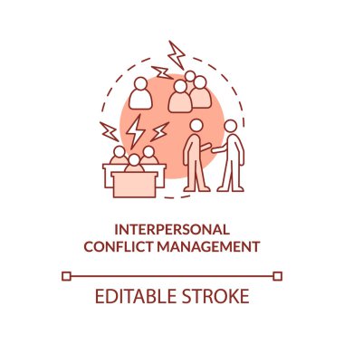 Interpersonal conflict management red concept icon. Skills for HR abstract idea thin line illustration. Isolated outline drawing. Editable stroke. Roboto-Medium, Myriad Pro-Bold fonts used