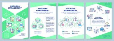 Business mangement brochure template. Coordination and control. Booklet print design with linear icons. Vector layouts for presentation, annual reports, ads. Arial-Black, Myriad Pro-Regular fonts used