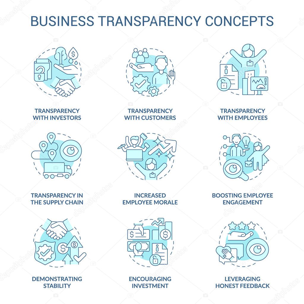 Business transparency turquoise concept icons set. Sharing information. Trustful company idea thin line color illustrations. Isolated outline drawings. Roboto-Medium, Myriad Pro-Bold fonts used
