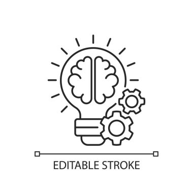 Fikir üretimi doğrusal simgesi. Yaradılış süreci dahice kavramlar. İnce çizgi özelleştirilebilir illüstrasyon. Kullanmak için verimli bir zaman. Contour sembolü. Vektör izole çizim. Düzenlenebilir vuruş