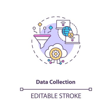 Veri toplama konsepti simgesi. M2M iletişim tipi ince çizgi çizimi fikri. Farklı kaynaklardan bilgi toplamak ve ölçmek. Vektör izole edilmiş RGB renk çizimi. Düzenlenebilir vuruş
