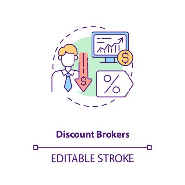 Discount brokers concept icon. Broker type idea thin line illustration. Financial operations through online platforms. Online brokerage. Vector isolated outline RGB color drawing. Editable stroke . ZIP file contains: EPS, JPG, PNG, SVG, AI