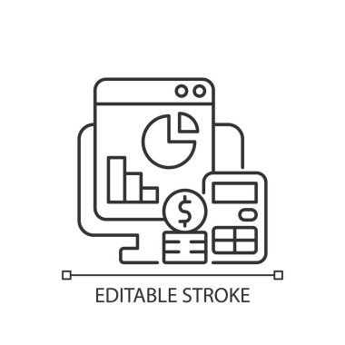 Maliyet yönetimi doğrusal simgesi. İş finans planlaması. Ekonomi stratejisi. İzleme işi. İnce çizgi özelleştirilebilir illüstrasyon. Contour sembolü. Vektör izole çizim. Düzenlenebilir vuruş