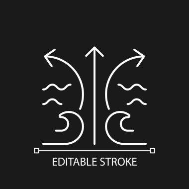 Karanlık tema için beyaz dalga doğrusal simgesini parçala. Sörfçü için tehlikeli bir tehdit. Dalgalardaki düz nokta. İnce çizgi özelleştirilebilir illüstrasyon. Gece modu için izole vektör kontur sembolü. Düzenlenebilir vuruş