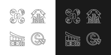Para harcama simgeleri karanlık ve aydınlık moduna ayarlandı. Gider planlama. Kişisel tasarruflar. Finansal okuryazarlık. Özelleştirilebilir ince çizgi sembolleri. İzole vektör çizimi çizimleri. Düzenlenebilir vuruş