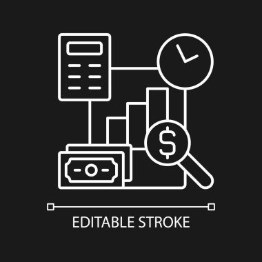 Karanlık tema için finansal yönetim beyaz doğrusal simgesi. İş planlama bütçesi. Finansal okuryazarlık. İnce çizgi özelleştirilebilir illüstrasyon. Gece modu için izole vektör kontur sembolü. Düzenlenebilir vuruş