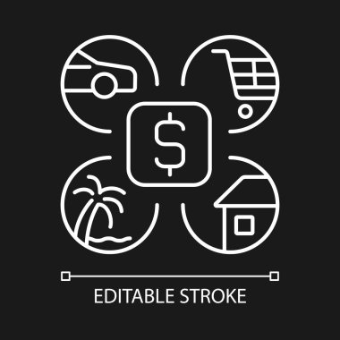 Karanlık tema için beyaz lineer simge bütçesi oluşturuluyor. Aylık plan için parayı bölüşürüz. Geçim giderleri. İnce çizgi özelleştirilebilir illüstrasyon. Gece modu için izole vektör kontur sembolü. Düzenlenebilir vuruş