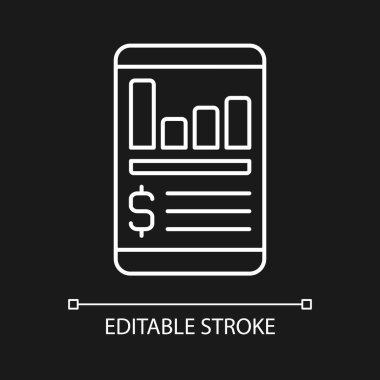 Gider takip uygulaması koyu tema için beyaz doğrusal simge. Bütçeyi kontrol etmek için internet hizmeti. İnce çizgi özelleştirilebilir illüstrasyon. Gece modu için izole vektör kontur sembolü. Düzenlenebilir vuruş