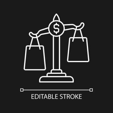 Koyu renk tema için beyaz doğrusal simge alışverişi. Fiyat değerleri arasında seçim yapın. İnce çizgi özelleştirilebilir illüstrasyon. Gece modu için izole vektör kontur sembolü. Düzenlenebilir vuruş