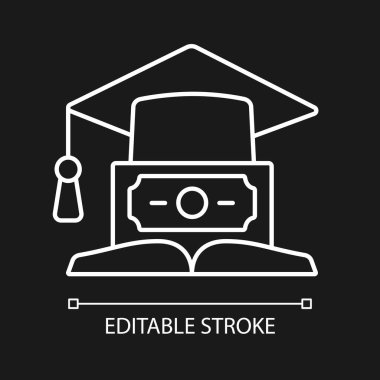 Eğitim kredisi koyu renk tema için beyaz doğrusal simge. Öğrenci kredisi. Üniversite bursu. İnce çizgi özelleştirilebilir illüstrasyon. Gece modu için izole vektör kontur sembolü. Düzenlenebilir vuruş