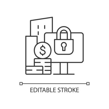 Toplumsal olmayan materyal bilgi doğrusal simgesi. Güvenlik ticareti. Siber güvenlik riskleri önleniyor. İnce çizgi özelleştirilebilir illüstrasyon. Contour sembolü. Vektör izole çizim. Düzenlenebilir vuruş