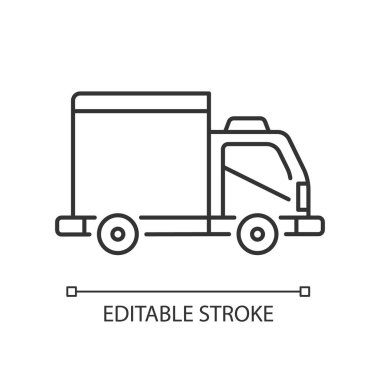 Kargo taksi lineer simgesi. Kargo kamyonu servisi. Taşıma yardımı. Kargo kamyonu. Ticari araç. İnce çizgi özelleştirilebilir illüstrasyon. Contour sembolü. Vektör izole çizim. Düzenlenebilir vuruş
