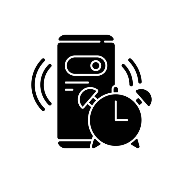 警钟黑色字形图标 早上倒计时用的手机设置智能手机铃声为早上 每天的例行公事和日程安排 白色空间上的轮廓符号 矢量孤立的说明 — 图库矢量图片