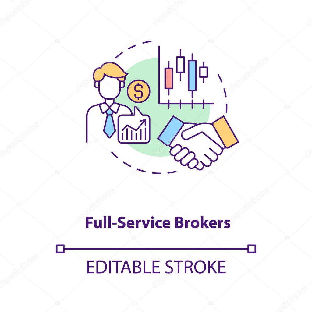 Full-service brokers concept icon. Broker type idea thin line illustration. Purchasing and selling assets. Sectoral and stock analysis. Vector isolated outline RGB color drawing. Editable stroke . ZIP file contains: EPS, JPG, PNG, SVG, AI