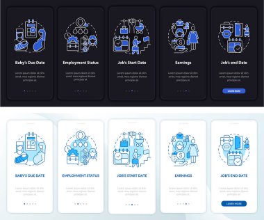 Calculate maternity pay day, night onboarding mobileapp page screen. Walkthrough 5 steps graphic instructions with concepts. UI, UX, GUI vector template with linear night and day mode illustration