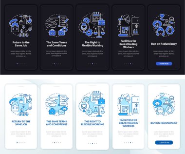 Çalışma haklarına geri dön, karanlık, aydınlık mobileapp sayfa ekranı. Kavramlarla birlikte 5 aşamalı grafik talimatlar. UI, UX, GUI vektör şablonu doğrusal gece ve gündüz kip çizimleri