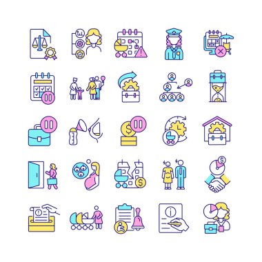 Maternity leave related RGB color icons set. Work absence to take care after newborn. Prenatal and postnatal leave. Isolated vector illustrations. Simple filled line drawings collectio