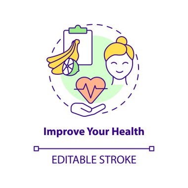 Sağlık konsepti ikonunu geliştir. Sağlıklı ürünler soyut fikir ince çizgi çizimi. Diyet ile refahı arttırmak. Organik ve doğal gıdalar. Vektör izole edilmiş dış hat renk çizimi. Düzenlenebilir vuruş