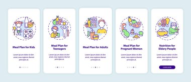 Mobil uygulama sayfası ekranında farklı yaş grupları için yemek planı. Kavramlarla birlikte 5 aşamalı grafik talimatlar. UI, UX, doğrusal renk çizimleri olan GUI vektör şablonu