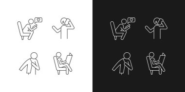 Karanlık ve aydınlık moduna göre her gün doğrusal yaşam simgeleri oluşturulur. Telefon ediyorum. Gazete okuyor. Özelleştirilebilir ince çizgi sembolleri. İzole vektör çizimi çizimleri. Düzenlenebilir vuruş