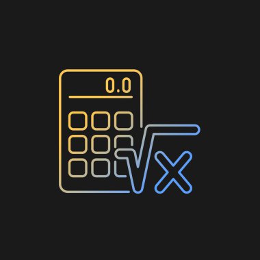 Karanlık tema için cebir gradyan vektör simgesi. Hesap makinesi, radikal sembol. Matematiksel hesaplamalar. Denklem çözülüyor. İnce çizgi renk sembolü. Modern tarz pictogram. Vektör izole çizimi
