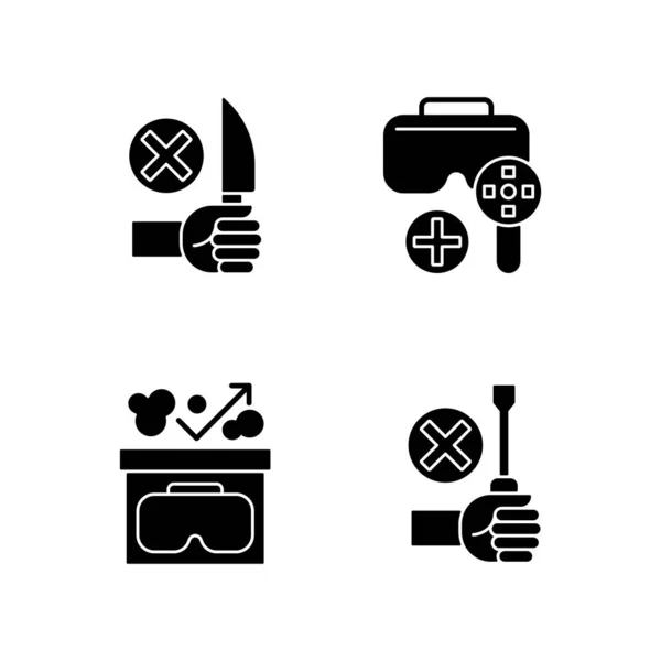 Virtual Reality Helmet Usage Guide Black Glyph Manual Label Icons — Stock Vector