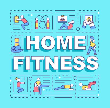 Fitness sözcüğü pankartı kavramsallaştırır. Siz evdeyken antrenman yapmak için eğitim programları. Mavi arkaplanda doğrusal simgeleri olan bilgi grafikleri. İzole tipografi. Vektör çizgisi RGB renk çizimi