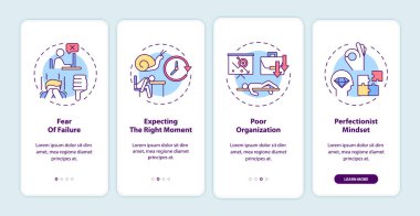 Mobil uygulama sayfa ekranında konseptlerle oyalama nedenleri. Başarısız korku, zayıf organizasyon 4 aşamalı grafik talimatlar. RGB renk resimleriyle UI vektör şablonu