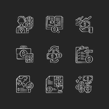 Muhasebe beyaz simgeleri siyah arkaplanda ayarlandı. Belirli bir zaman diliminde şirket ve ticari işlemler yönetimi. İzole edilmiş vektör karatahta çizimleri