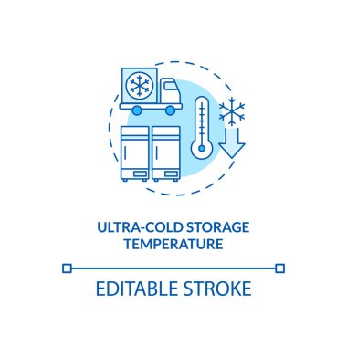 Ultra soğuk hava sıcaklığı konsepti ikonu. Kapsamlı aşı. Haplar için özel çevre. Sağlık fikri ince çizgi çizimi. Vektör izole edilmiş RGB renk çizimi. Düzenlenebilir vuruş