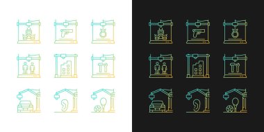 Karanlık ve aydınlık kip için 3d yazdırma süreci gradyan simgeleri ayarlandı. Tasarım temsilcisi. İnce çizgili sembol demetleri. Siyah ve beyaz üzerine izole vektör ana hatları koleksiyonu