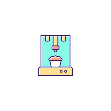 3D yiyecek yazıcısı RGB renk simgesi. Gıda ürünleri üretimi. Taze doğal malzemeler kullanılıyor. Estetik yemek kişiselleştirmesi. Aşçılık sanatı. İzole vektör çizimi. Basit doldurulmuş çizgi çizimi