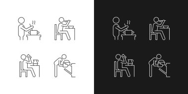 Koyu ve aydınlık moduna göre doğrusal yemek pişirme simgeleri ayarlanıyor. Evde yemek hazırlığı. Sağlıklı beslenme alışkanlıkları. Özelleştirilebilir ince çizgi sembolleri. İzole vektör çizimi çizimleri. Düzenlenebilir vuruş