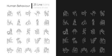İnsan davranış çizgisel simgeleri karanlık ve aydınlık moduna ayarlandı. Günlük yaşamın aktiviteleri. Günlük rutin işler. Özelleştirilebilir ince çizgi sembolleri. İzole vektör çizimi çizimleri. Düzenlenebilir vuruş