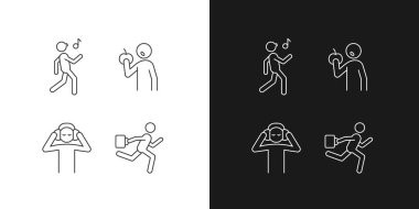 Karanlık ve aydınlık mod için günlük etkinlikler doğrusal simgeler ayarlandı. Sağlıklı beslenme alışkanlıkları. Karaoke yapıyorum. Özelleştirilebilir ince çizgi sembolleri. İzole vektör çizimi çizimleri. Düzenlenebilir vuruş