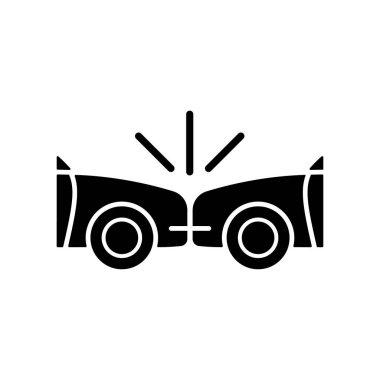 Kafa kafaya çarpışma siyah sembol. Ön kaza. İki araç birbiriyle çarpışıyor. Arabalar zıt yönlere gidiyor. Beyaz uzayda siluet sembolü. Vektör izole illüstrasyonu