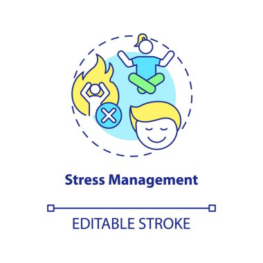 Stres yönetimi konsepti simgesi. Yüksek tansiyon önleme fikri soyut ince çizgi çizimi. Yoga çalışıyorum. Kan basıncını düşürüyorum. Vektör izole edilmiş dış hat renk çizimi. Düzenlenebilir vuruş