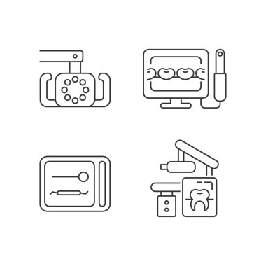 Diş aygıtları doğrusal simgeler ayarlandı. Ağız boşluğunu aydınlatıyorum. Dahili kamera. Diş tedavisi. Özelleştirilebilir ince çizgi şekilleri. İzole vektör çizimi çizimleri. Düzenlenebilir vuruş