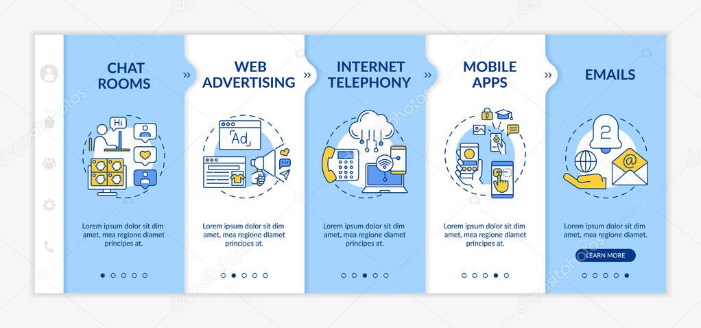 New media examples onboarding vector template. Chat rooms. Internet telephony. Electronic mails. Responsive mobile website with icons. Webpage walkthrough step screens. RGB color concept